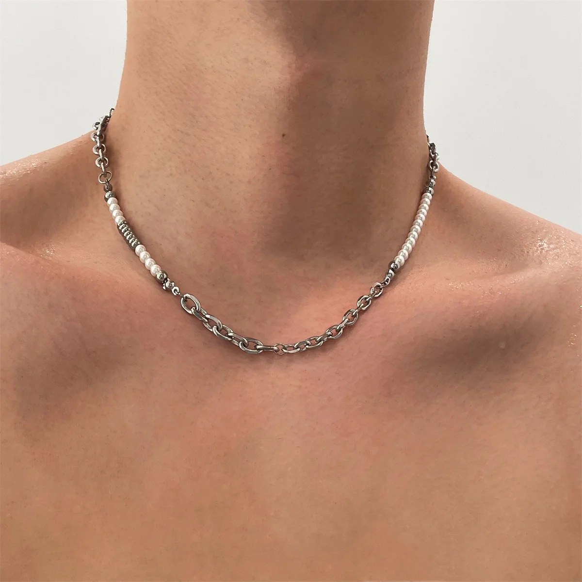  Мужское колье из титановой стали в стиле пэчворк с жемчугом и бисером ожерелье