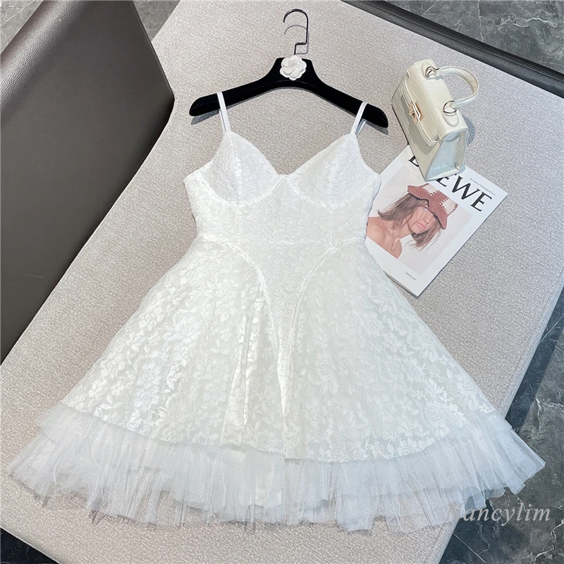 

2022 Summer New White Lace Dress for Women Mesh Edge Slim Fit Sexy V Neck Spaghetti Strap Dresses Birthday Party Vestidos