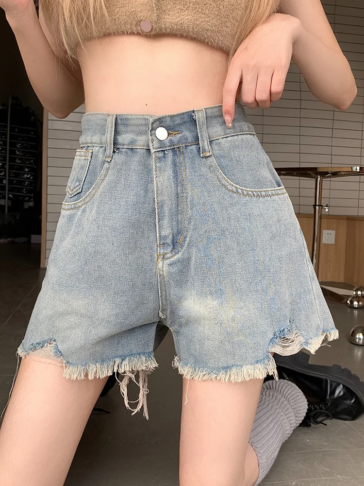 Spring Summer Women Vintage Frayed Raw Hem Loose Denim Shorts Streetwear Female Hole Wide Leg Jeans Shorts Bottoms