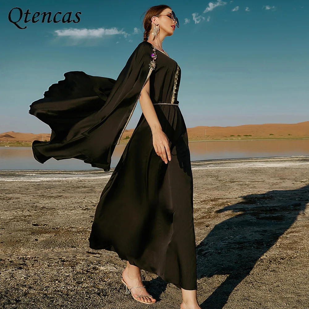 

Handwork Diamond Morocco Kaftan Fake 2-piece Long Arabic Satin Abaya Dubai Party Evening Black Muslim Dress Sfifa Braids Galabia