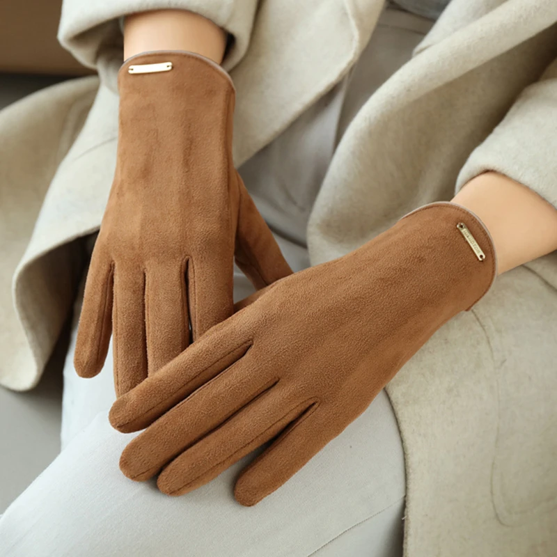 

Woman's Winter Warm Suede Leather Touch Screen Driving Gloves Cold Plus Velvet Thick Fingerless Flip Cycling Mittens Fashion