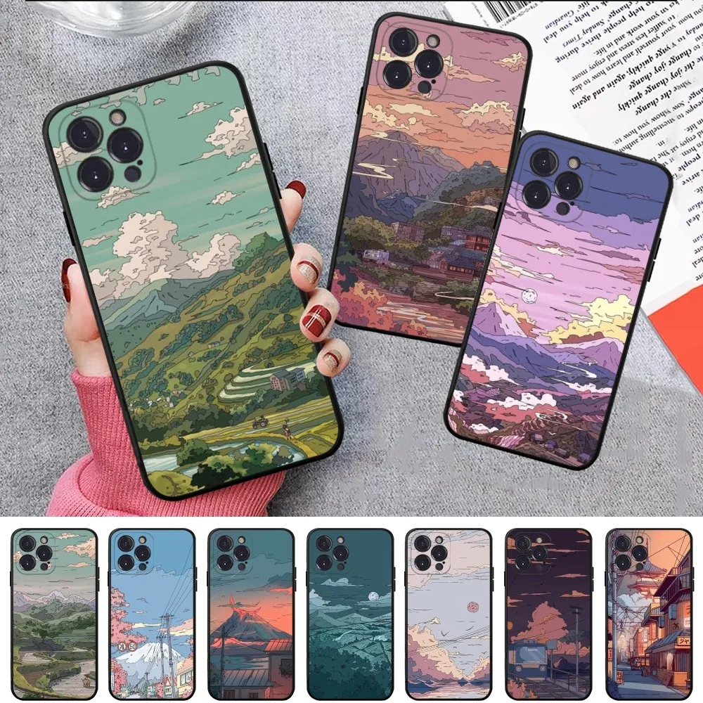 

Japanese Anime Hand Painted Scenery Phone Case For IPhone 15 8 7 6 6S Plus X SE 2020 XR XS 14 11 12 13 Mini Pro Max Mobile Case