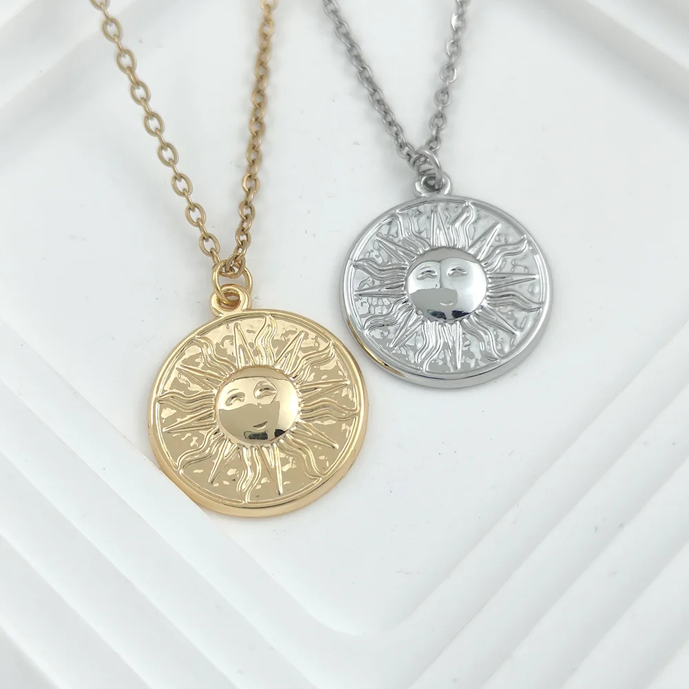 

Stainless Steel Silver Gold Large Sun Flower Smile Women Face Pendant Necklace Long Chain Women Fashion Fine Jewelry