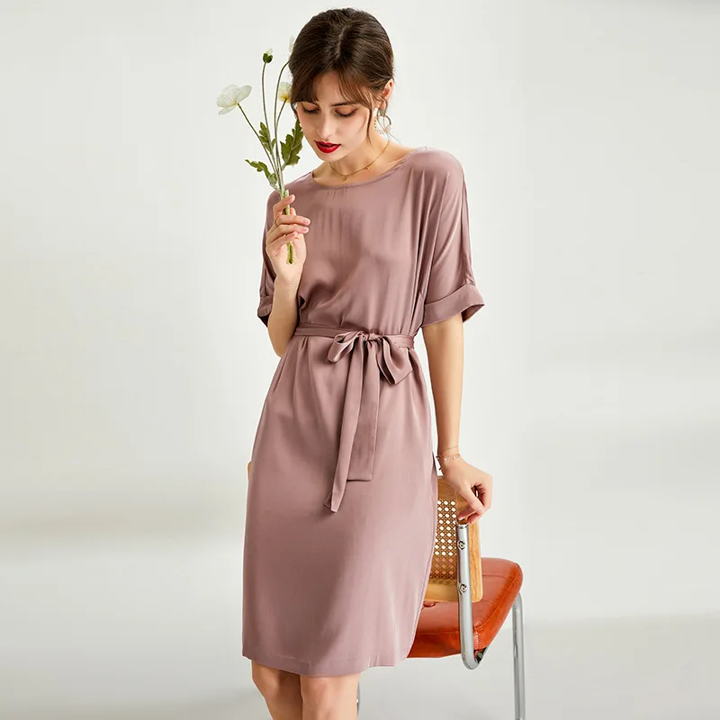 19 Mme Heavy Silk Dress for Women O-Neck Raglan Sleeve Loose Fit Waist Lace Up Dress Solid Mulberry Silk Satin Dress FS2308