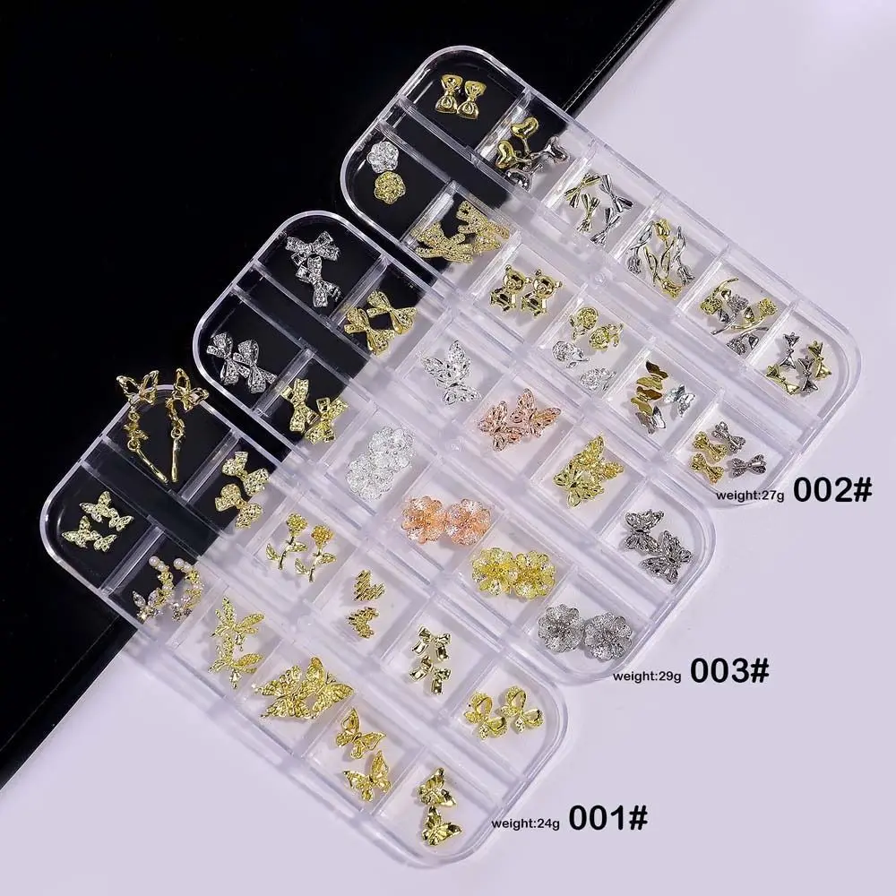 

12 Grids Metal Rose Butterfly Nail Ornament 3D Elegant Unique Bowknot Fingernail Jewelry Luxury Fashion Fingertip Rhinestones