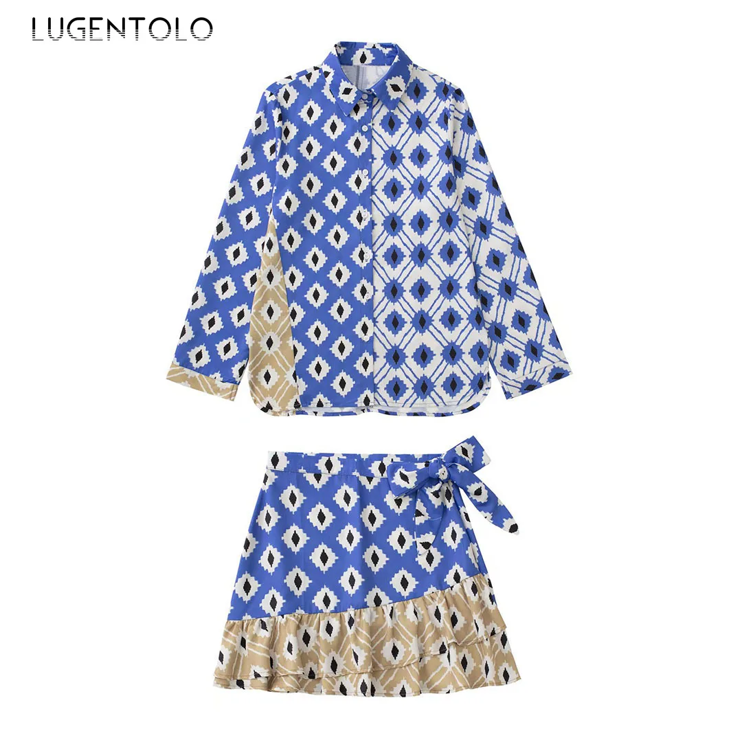 

Женский комплект с юбкой, рубашка с длинным рукавом и отложным воротником, свободные повседневные топы, Женская мини-юбка с бантом, уличные ...