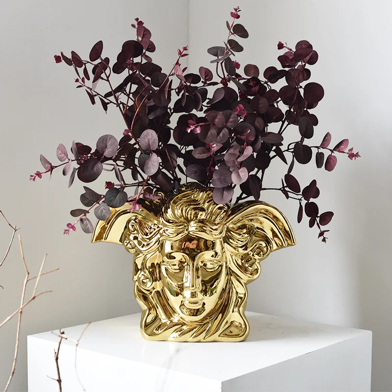 

Nordic Golden Medusa Vase Ornaments Light Luxury Electroplating Brushed Ceramic Metal Flowerpot Modern Dining Table Home Decor