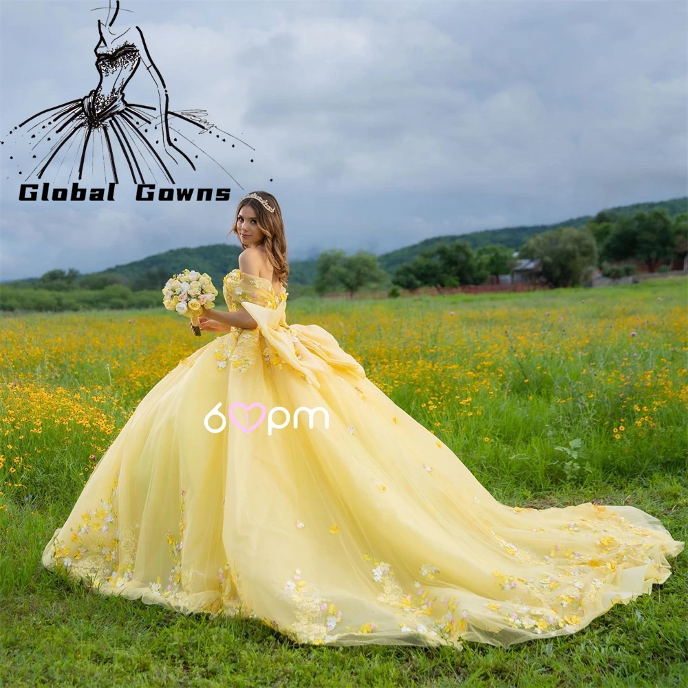 

Princess Off The Shoulder Ball Gown Quinceanera Dress Yellow For Girls Beaded 3D Flowers Birthday Party Gowns Bow Prom Dresses