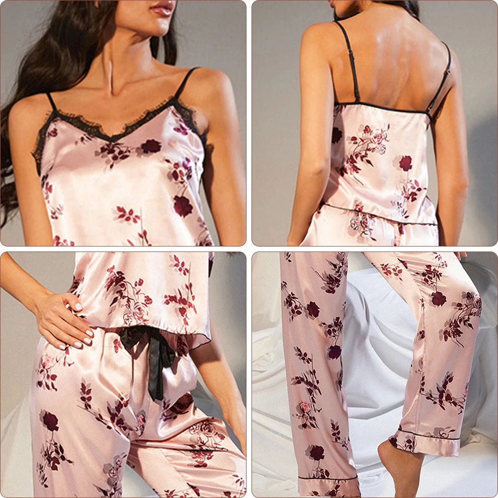 New Fashionable and Elegant Satin Print Suspender Top Pants Sexy and Funny Pajamas Women's Summer Thin Ice Silk Soft Homewear