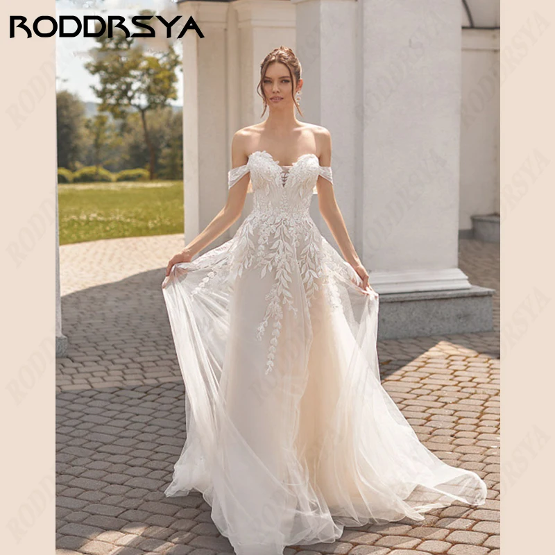 

RODDRSYA Civil Off Shoulder Wedding Dresses Boho A-line Sweetheart Bridal Gown Lace-Up Backless Vestidos De Novia Tulle Applique