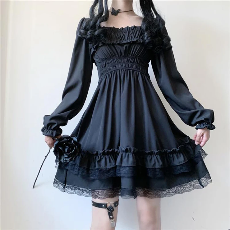 

Black Y2k Dress Women Gothic Lace Casual Slim Long Sleeve Vintage Elegant Kawaii Girls New Japanese Fashion Mini Dresses 2022