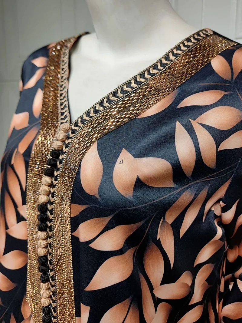 Beaded Abaya Printed Long Dress Women Arabic Party Kaftan Braided Trimming Saudi Gulf Dubai Jalabiya Muslim African Dresses 2022