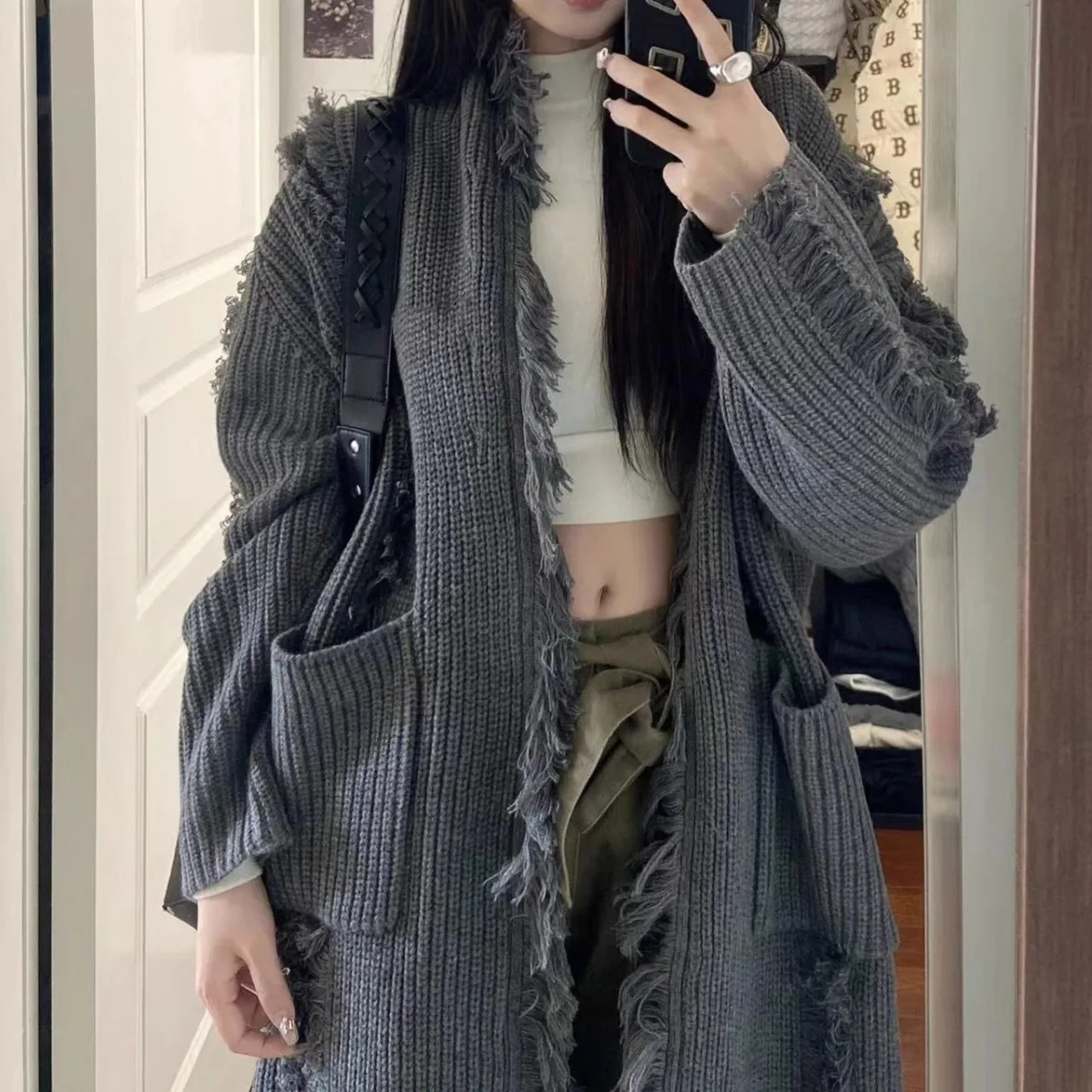 

Свитер с бахромой, кардиганы, женские вязаные пальто, сезон осень-зима 2023, винтажный Топ, однобортный женский длинный свитер с V-образным вырезом