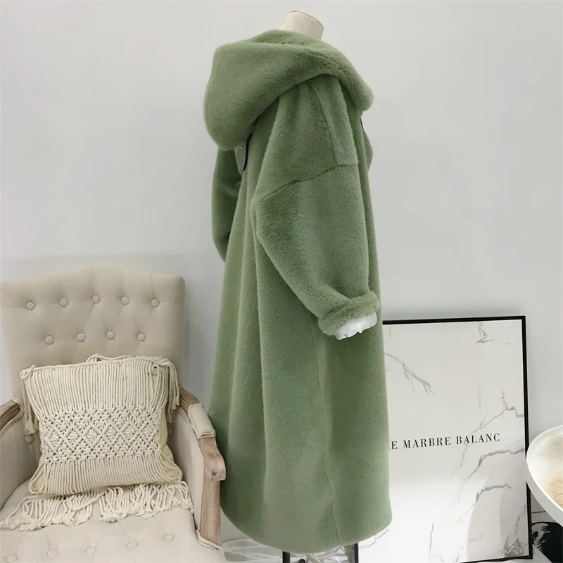 Faux Fur Hooded Coat Women Autumn Winter 2022 Casual Loose Long Female Jacket Fur Plush Thick Warm Cotton Lining Outwear Clothes