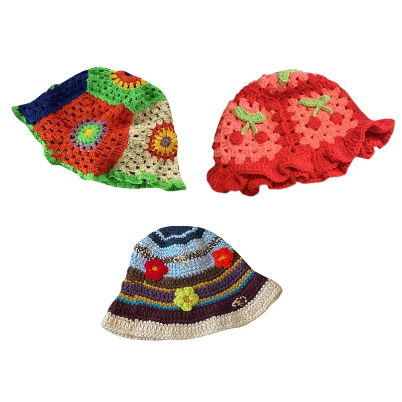 

Trendy Knitted Basin Hat Flower Pattern Fisherman Hat Women Crochet Bucket Hat for Outdoor Climbing Camping Hiking