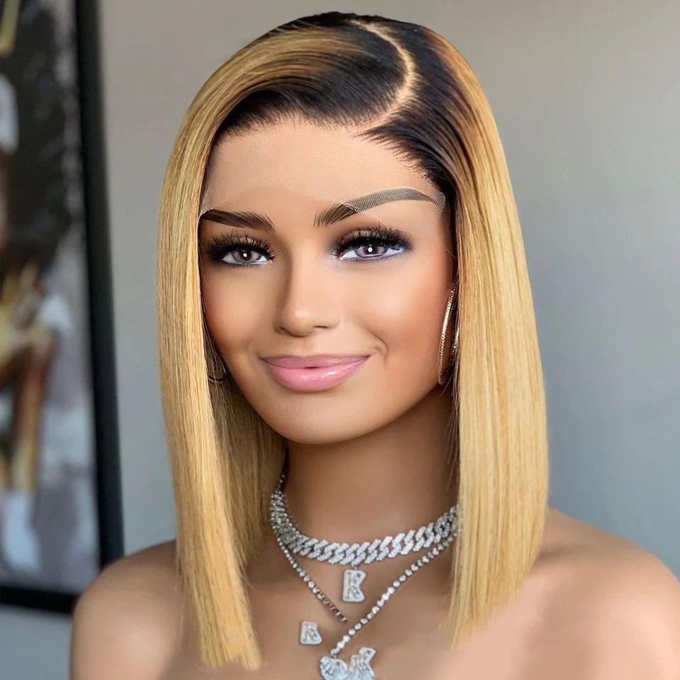 Ombre Honey Blonde 1B27 Short Bob Glueless Straight 180% Density 13x4Lace Front Wig For Black Women Babyhair Preplucked Daily