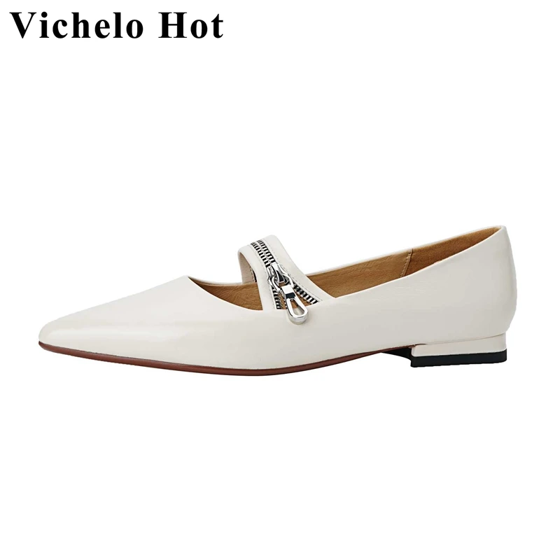 

Vichelo Hot New Sheep Patent Leather Pointed Toe Low Heel Zipper Decoration Korean Street Beauty Lady Daily Wear Women Pumps L53