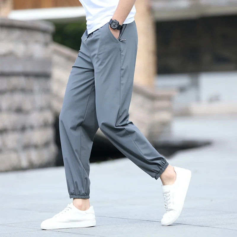 

Summer Breathable Thin Outdoor Hiking Fitness Sports Pants Men Ice Silk Quick Dry Stretch Pants Fashion Solid Drawstring Trouser