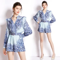 2022 spring and summer new womens high end temperament unique v neck long sleeve ruffle shirt vintage wide leg shorts