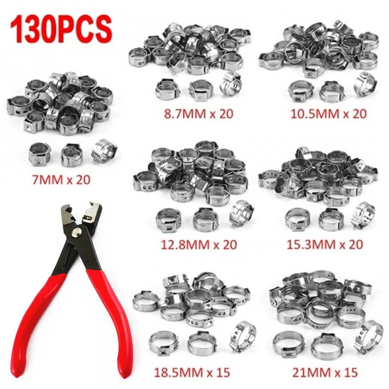 

130 шт. плавные зажимы для шланга с одним ушком + 1 шт. зажим для шланга зажимные плоскогубцы 7-21 мм 304 дюйма зажимы для шланга из нержавеющей стали Cinch зажимные кольца