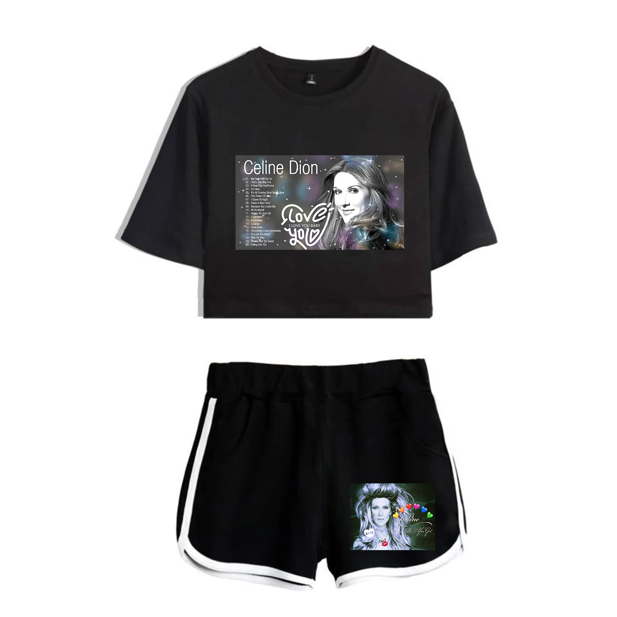 

Harajuku Singer Celine Dion Print Short Sleeve Cool Sexy Shorts+lovely T-shirts Dew navel Pretty Girl suits Two Piece Set