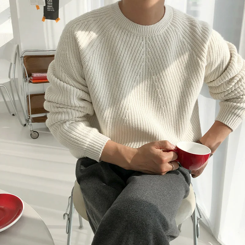 

Korean Fashion Sweaters Men Autumn Winter Solid Color Knitted Sweater Casual Loose O-neck Pullover Men Clothing Y2k Knit Coats