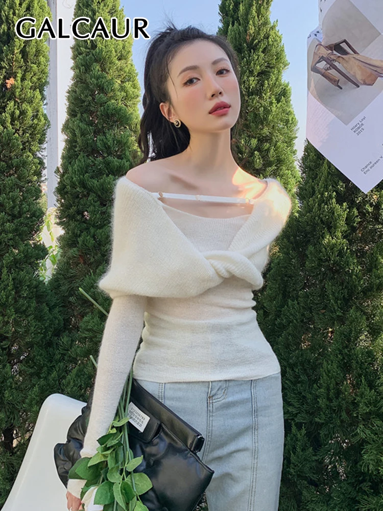 

GALCAUR тонкий Однотонный свитер для женщин с воротником-лодочкой с длинным рукавом минималистский вязаный пуловер Женская Модная стильная од...