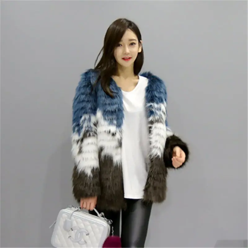 Women's Leather Fur Coat Winter Warm Fur Mid-Length Color Stitching Thickened Coat Artificial Furry Coat Faux Fur Coat