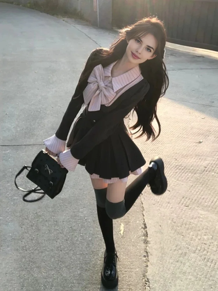 Осень 2024 женские кавайные академические черно-розовые платья с бантом для Cutecore