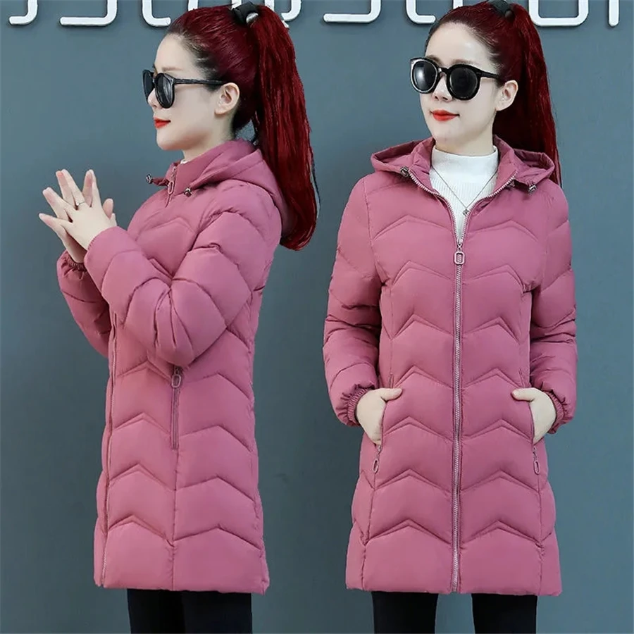 Mid-length Winter Hooded Cotton Padded Solid Coat Women Warm Thick Overcoat Oversized 6XL Slim Outwear Snow Wear Parkas Jackets