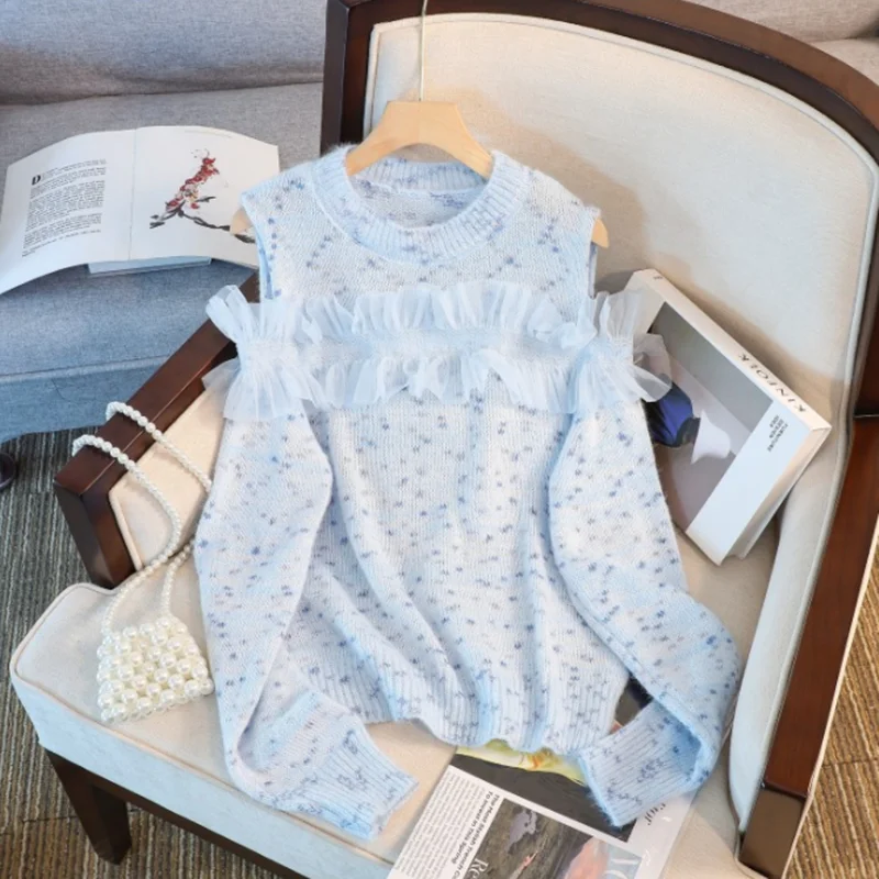 

Autumn And Winter New Round Neck Pullover Mesh Patchwork Sweet Off-The-Shoulder Hollow Out Print Casual Knitted Sweater