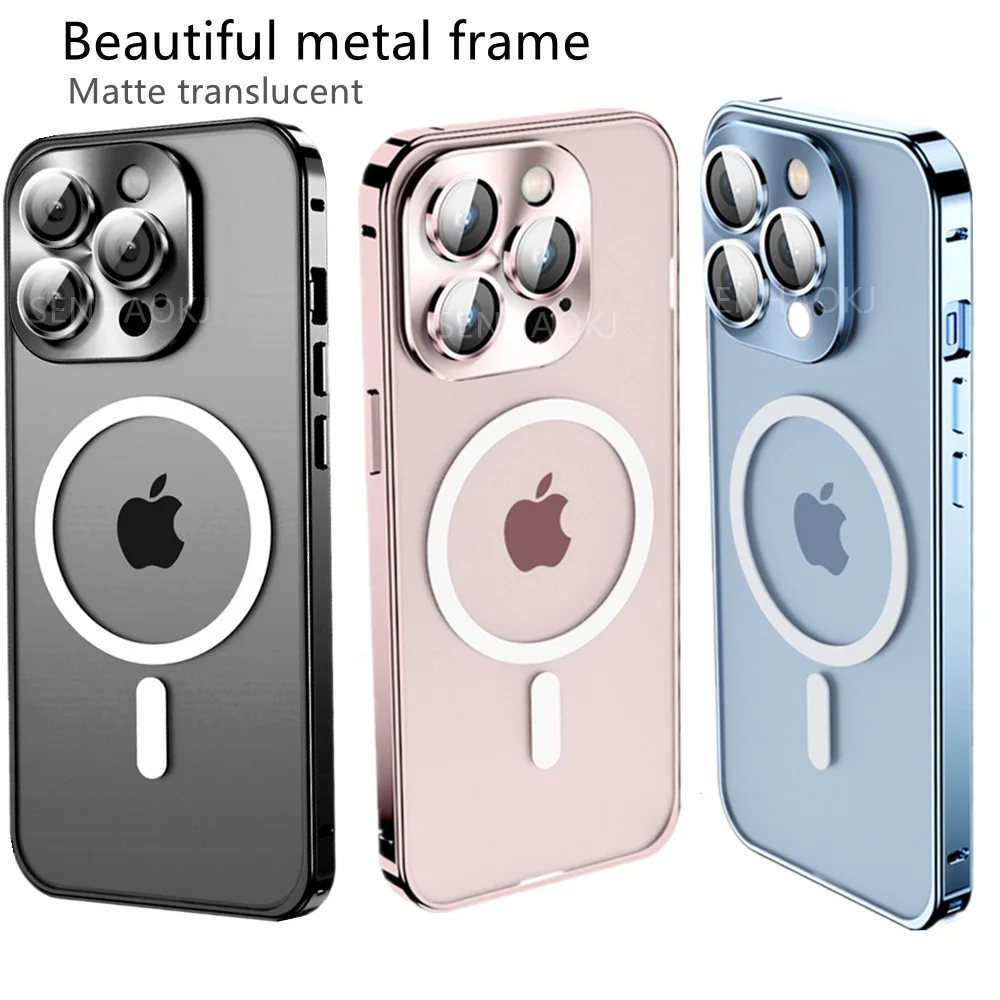 

Luxury Metal Frame Matte Case for IPhone 13 12 11 Pro Max Mini Magsafe Cover Wireless Charging Transparent Mobile Phone Case