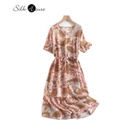 2022 summer womens fashion new 100natural silk pink robe loose ruffle v neck dress