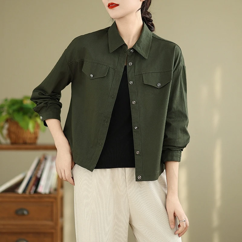 Retro Japan fashion Cargo Short coat Women Spring and Autumn Design Sense Loose All-Match Polo Collar Long sleeve Jacke...