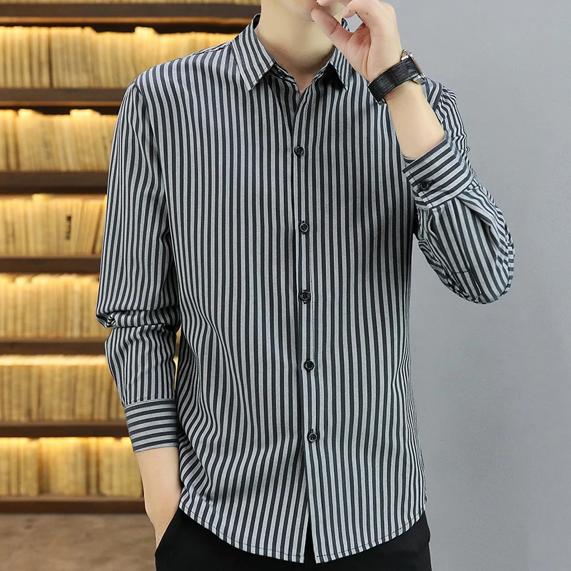 

Summer Men's Polo Shirts Fashion Cotton Long Sleeve Top Casual Stripe Straight Button Male Clothing Movafag
