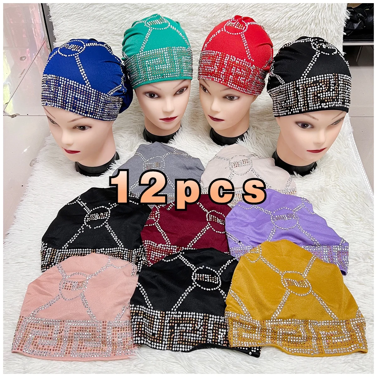 12 pcs Latest Fashion Muslim Female Turban Hat Bonnet Gold Velvet Hot Rhinestone Solid Indian Beanie Hair Bonnets Cap For Women