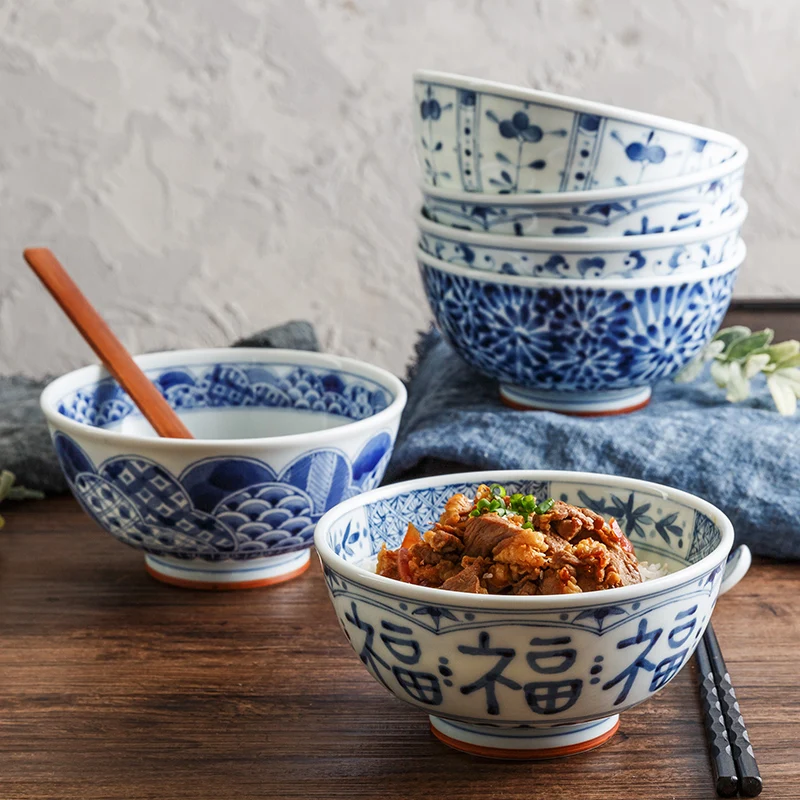 

Porcelain Bowl Retro Blue Print Household Japanese-Style Ceramic Children's Rice Bowls Tableware Assiette Porridge Bowl