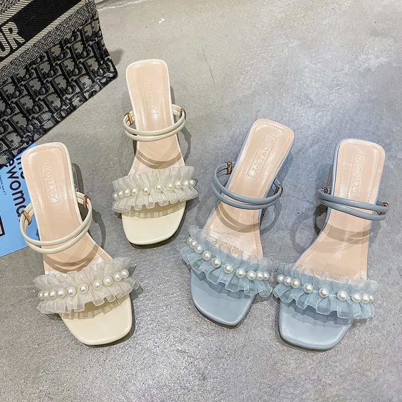 

Fashion Square Crystal Heels Pearl Women Sandals 2020 Lace Ruffles String Bead High Heels Open Toe Fairy Style Female Slippers