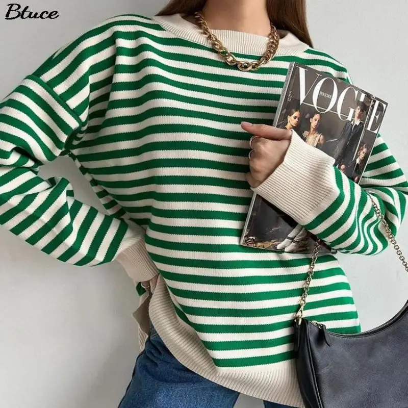 

O Neck Vintage Striped Sweater Pullovers For Women Casual Loose Long Sleeves Jumpers Autumn Female Drop Shoulder Kintting Tops