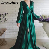 loveweiwei dark green v neck evening gown long sleeves prom gowns high split custom size moroccan caftan evening dresses