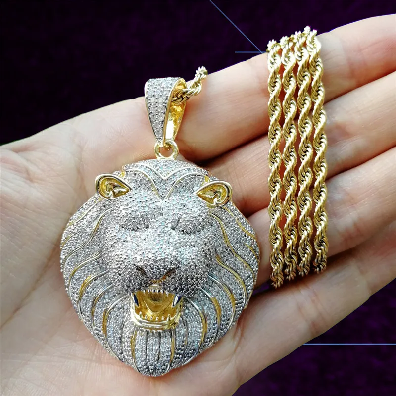 

Iced Out Necklace Micro Pave Cubic Zircon Lion Head Pendant Necklace for Men Women Gifts Luxury Hip Hop Jewelry