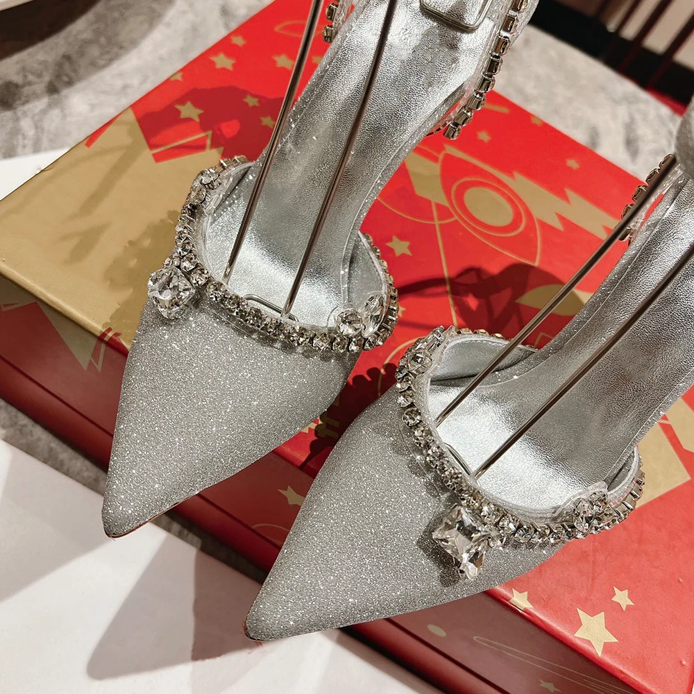 New Luxury Crystal Sandals High Heels Rhinestone Pointed Toe Designer Red Bottom 10cm Stiletto Thin Heel Wedding Party Dress