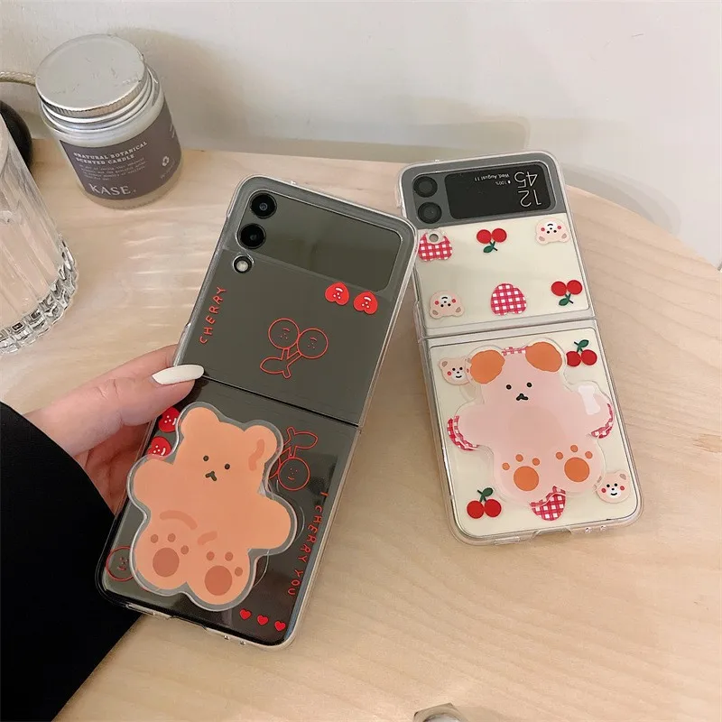 

Cute Bear Cherry Phone Case for Samsung Galaxy Z Flip 4 3 Hard Cover Holder For ZFlip3 Flip3 zflip4 Transparent Shell Bracket