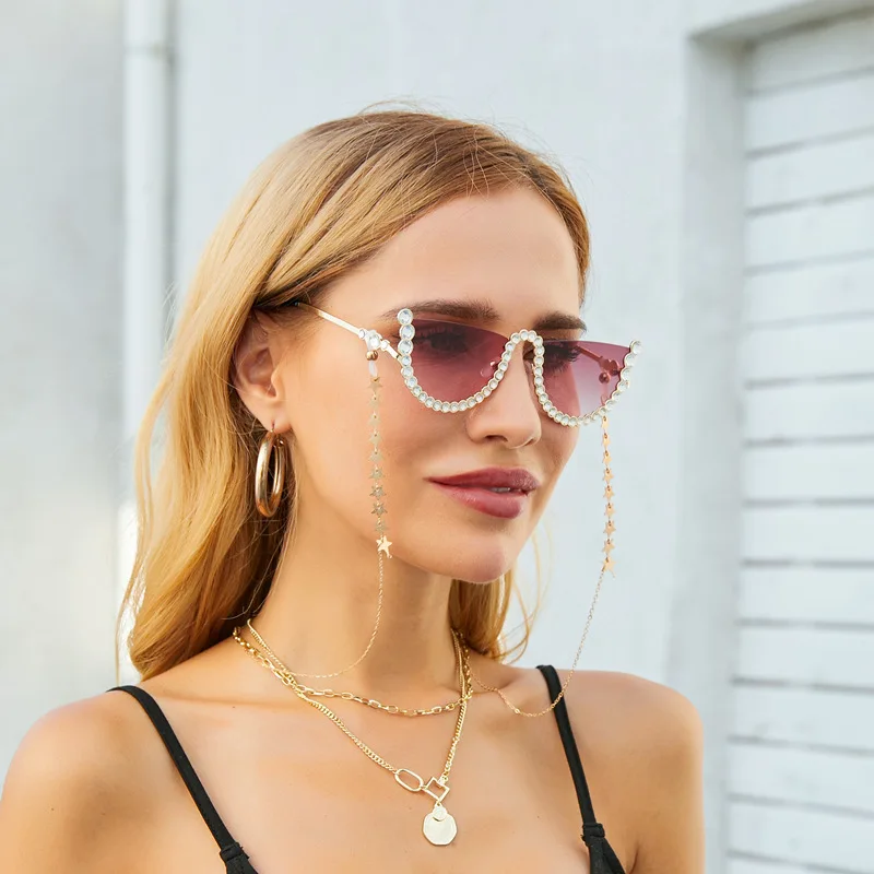 

Diamond Cat Eye Chain Sunglasses Women Semi-Rimless Sun GlassesBrand Designer Crystal Sexy Frame Rhinestone Eyewear Oculos