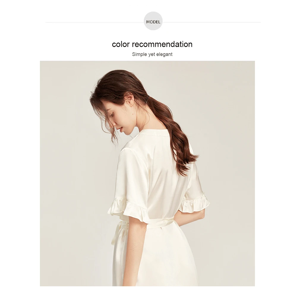 LiliRoms Noble White 22 Momme 100% Silk Tied Dress Nightgown Robe Mid Sleeve Button Ribbon Sleepwear Elegant Clothing For Gift