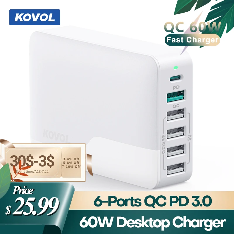 

KOVOL 60W PD Charger 6 Ports QC/PD USB A+USB C Adapter For iPhone Huawei Samsung Xiaomi Poco Realme Safer Desk PD Phone Charger
