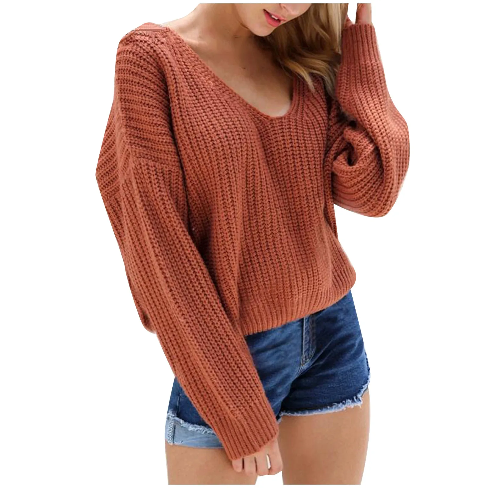 Осень-зима сексуальный однотонный свитер с v-образным вырезом и открытой спиной