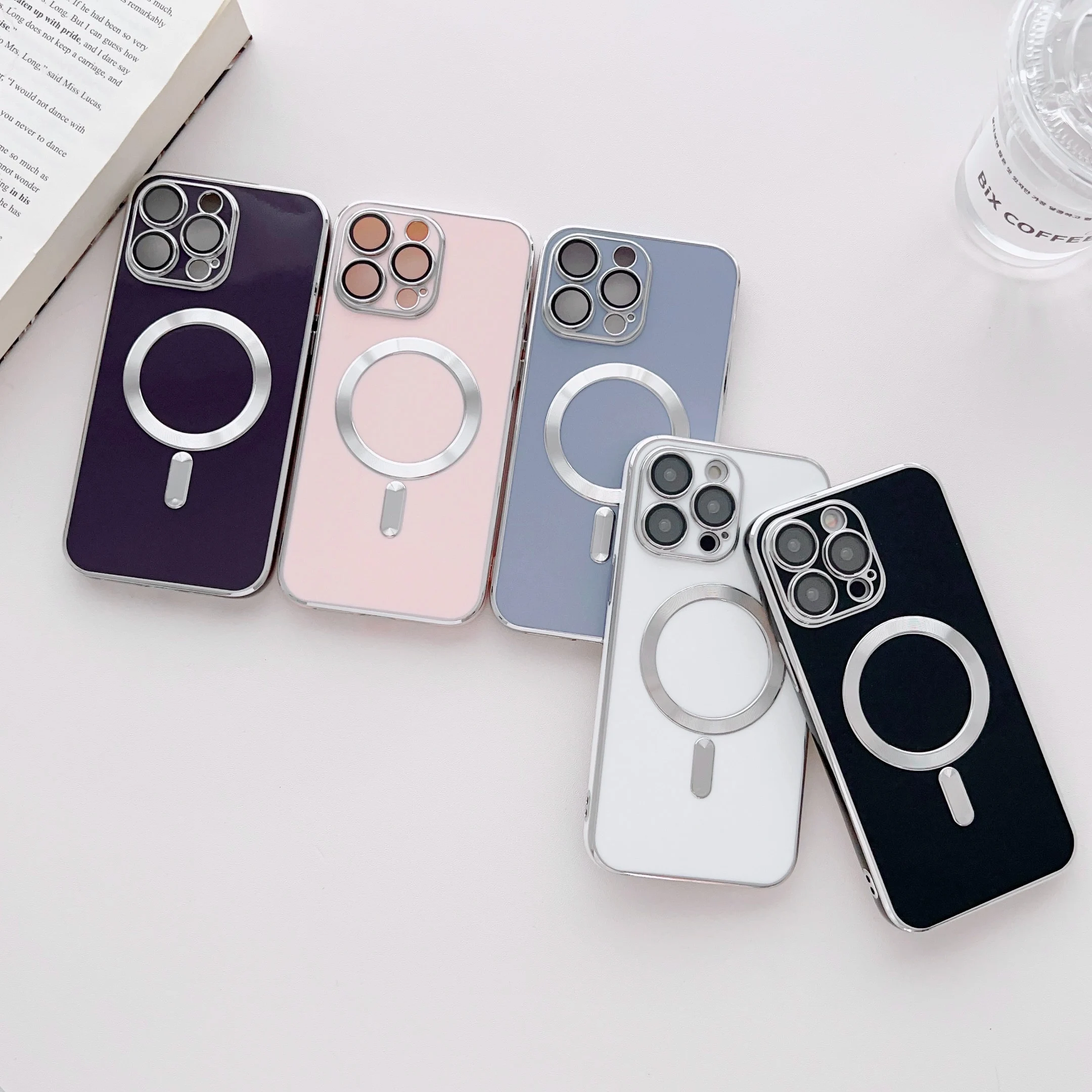 

Deluxe Magnetic case for Iphone 11 12 13 14 Pro Max X XS XR 7 8 Plus Clear silver edge solid color film lens TPU soft case