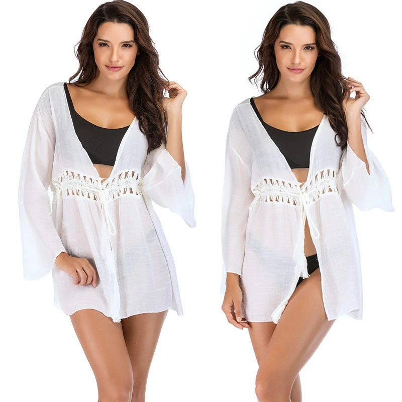 

Women Tunic Swimsuit Cover Up Summer Dress 2022 Beach Pure Color As Loose Cardigan Bikini Solid Cotton Kaftan Outings With Set