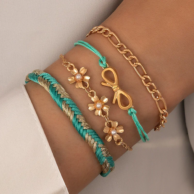 

Bohemian Flower Bracelets Multilayer Bowknot Charms Female Adjustable Woven Bracelet for Women Metal Fashion Jewelry Accessories